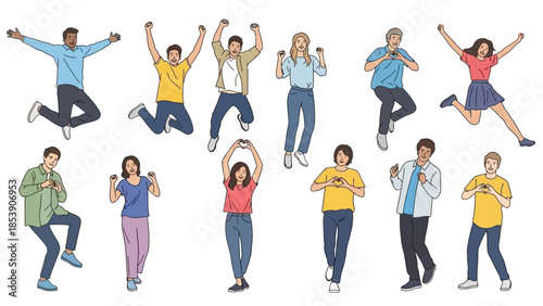 A diverse group of happy people jumping and celebrating together outdoors