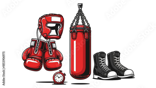 A cartoon illustration of boxing equipment and accessories on a white background