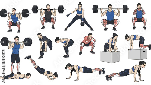 A fit man and woman performing various exercises in a modern gym