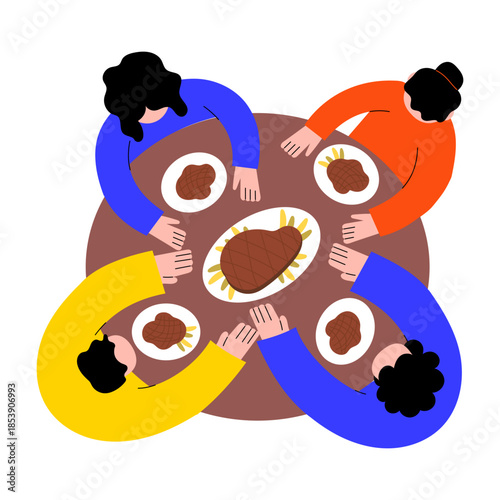 Flat style illustration of friends enjoying a harvest feast