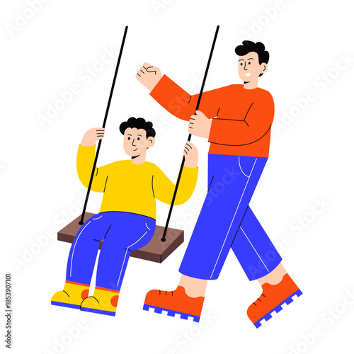 A flat style illustration of friends swinging