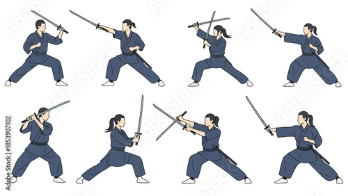 A woman in a blue uniform is practicing various sword fighting techniques