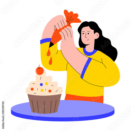 Flat style illustration of a person decorating cupcake