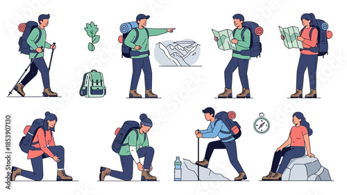 An illustration of people hiking and backpacking in various scenic outdoor environments