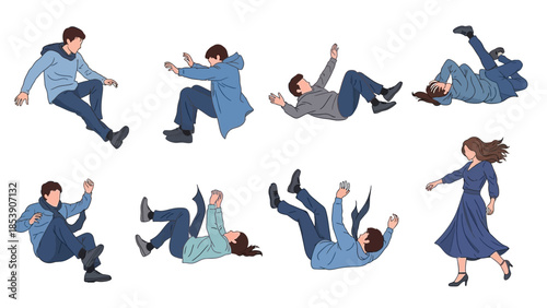 An illustration of people falling in various poses and directions