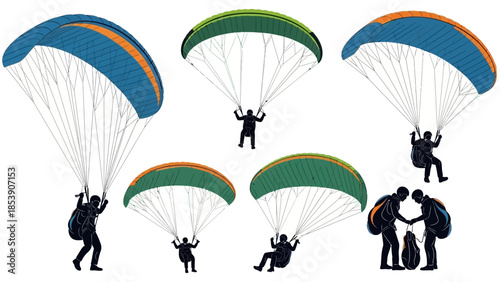 A group of people parachuting down from the sky with colorful parachutes