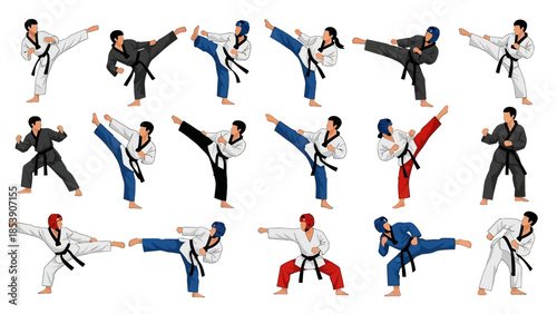 A group of people in martial arts uniforms performing various kicking techniques