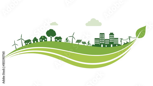 Green city concept illustration with renewable energy and sustainable living