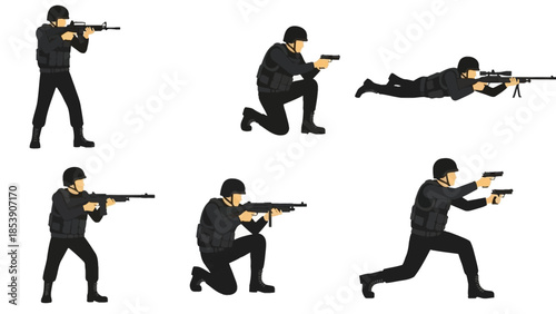 A tactical team member in various combat positions with a gun