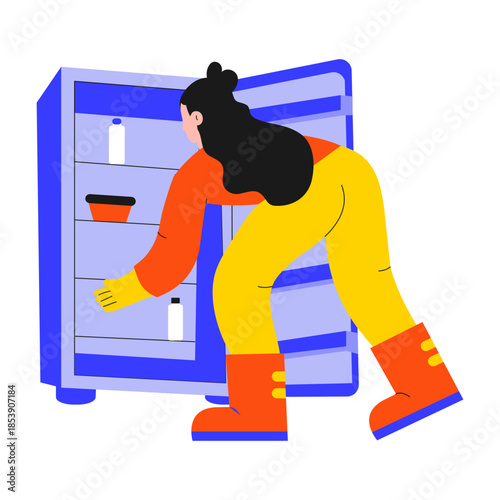 Flat style illustration of a person cleaning fridge