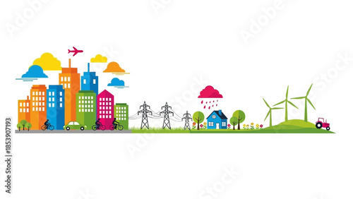 Colorful sustainable cityscape featuring eco-friendly living and renewable energy sources