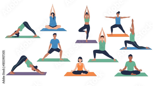 A group of people practicing various yoga poses on colorful mats
