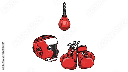 A set of red boxing equipment on a white background