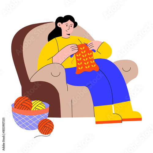 Flat style illustration of a person knitting
