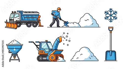A collection of winter snow removal equipment and tools in action