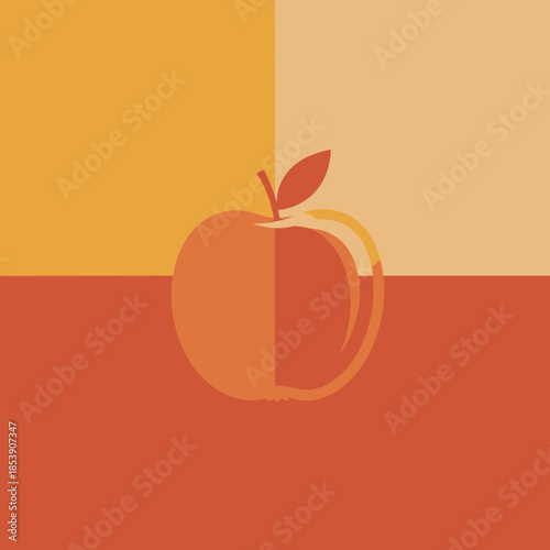 Stylized apple with leaf and stem on a color block background.