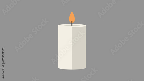 White candle with a lit orange flame and black wick.