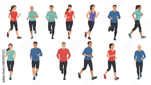 A diverse group of people jogging together in athletic wear outdoors