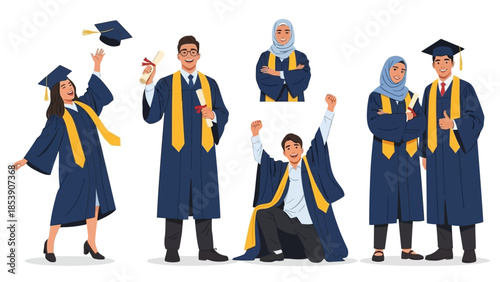 A group of diverse graduates celebrating in their academic regalia