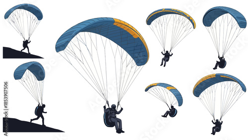A person enjoying paragliding in various poses and locations with blue parachutes