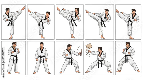 A martial artist in a white uniform demonstrates various karate moves