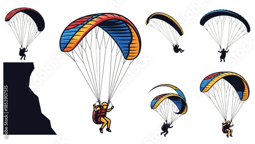 A colorful illustration of people paragliding in various positions and altitudes