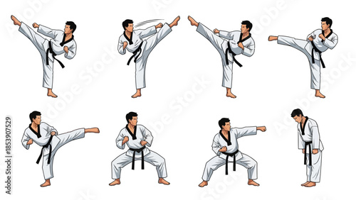 A martial artist in a white uniform demonstrates various fighting techniques.