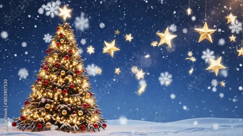 Wallpaper Mural A brightly lit Christmas tree with shining lights and ornaments stands amidst falling snowflakes and stars in a festive New Year background concept. Torontodigital.ca