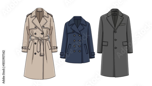 Three trench coats in different colors on a white background