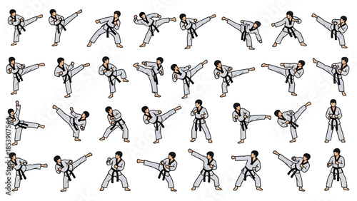 A martial artist in various karate poses and movements on a white background