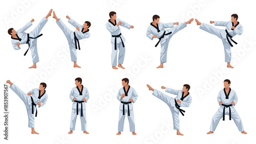 A man in a taekwondo uniform demonstrating various martial arts poses and kicks