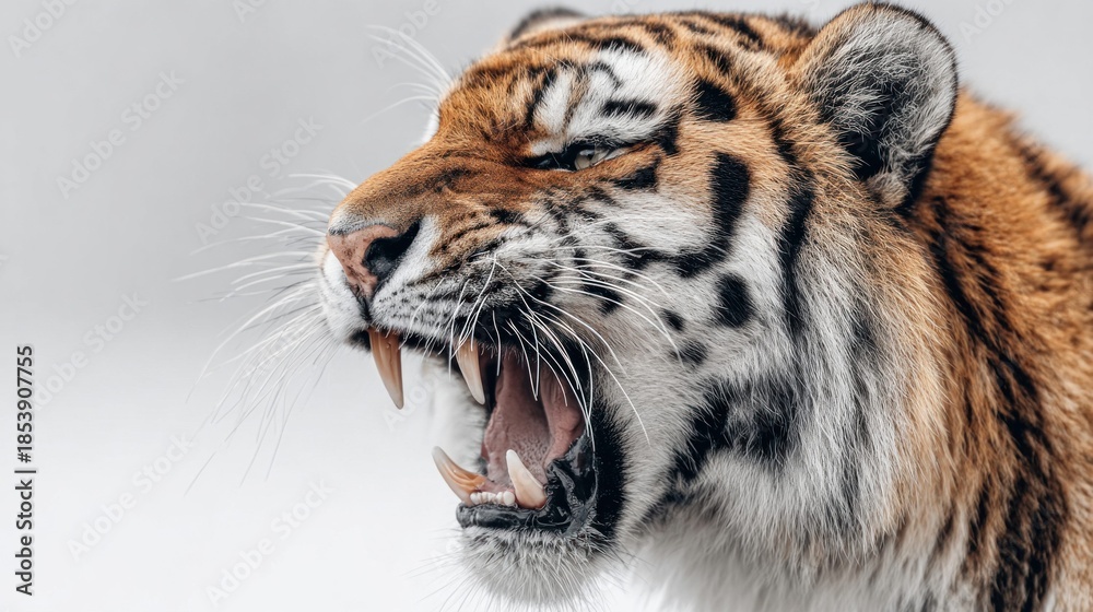 Fototapeta premium Close-up of a roaring tiger showing its teeth and powerful expression
