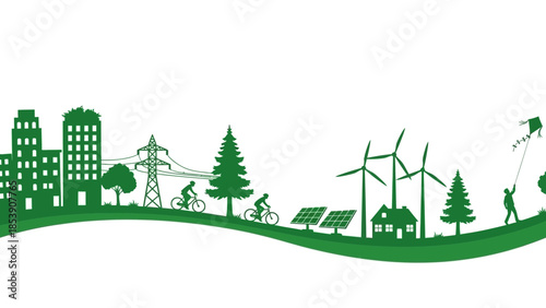 Sustainable living concept illustration with green energy sources and activities
