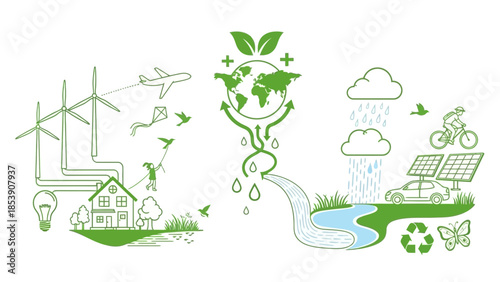 Sustainable living concept showing renewable energy sources and environmental care practices