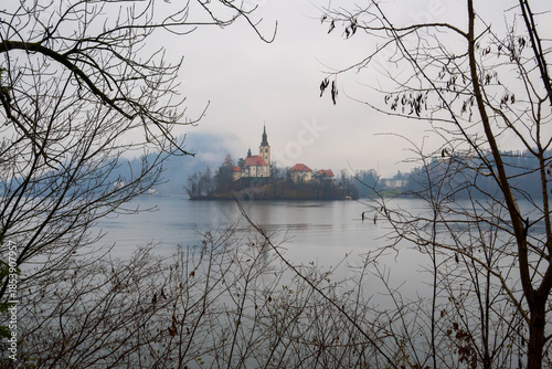 serene view of church on small island seen through leafless branches over calm lake water in winter