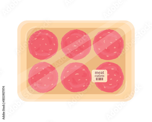 Raw meat patties in packaging on a white background. Semi-finished products. Grocery store. Meat products. Supermarket item.