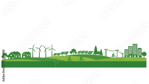 Green energy landscape illustration showcasing sustainable and eco-friendly community