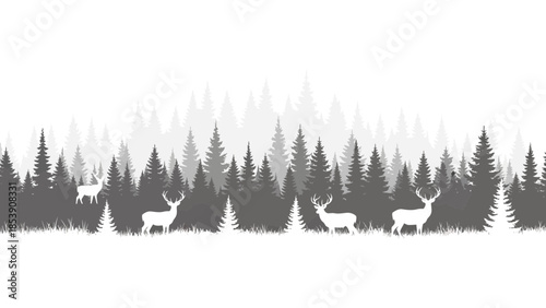 Serene silhouette of deer grazing within a vast forest backdrop illustration
