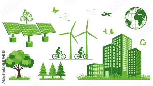 Eco-Friendly Green City Illustration Showcasing Sustainable Energy and Transportation