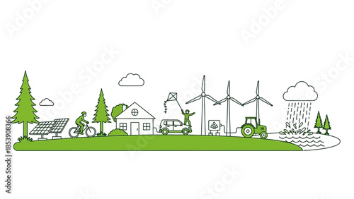 Sustainable living illustration showcasing renewable energy and eco-friendly lifestyle