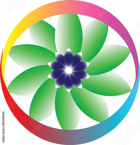 Abstract flower logo and vector icon illustration featuring floral nature design elements with a green lotus leaf shape for spring blossom art decoration