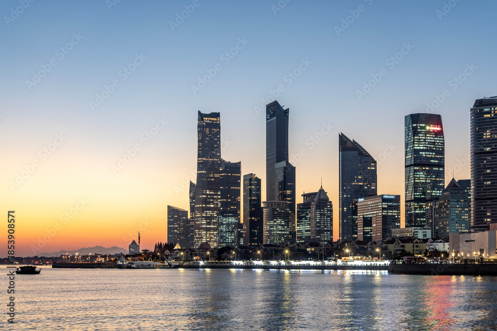 Naklejka premium Skyline of Modern Skyscrapers at Dusk
