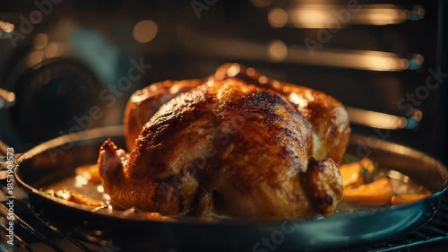 Roasting chicken in oven, golden brown and delicious