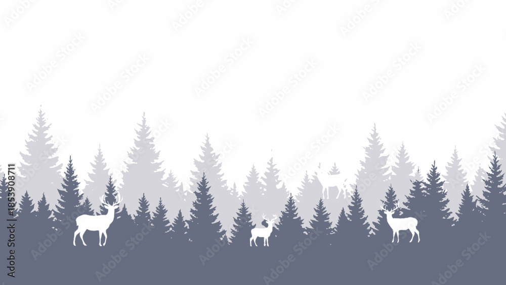 Fototapeta premium Silhouetted Winter Forest with Deer: Serene and Minimalist Wildlife Illustration
