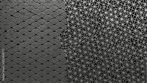 Elegant Japanese patterns composition, featuring seigaiha waves and asa no ha hemp