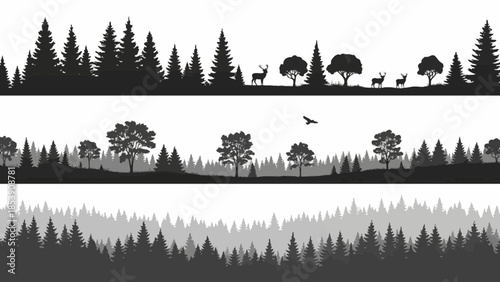 Seamless forest silhouette banner with deer, various trees, and a majestic eagle
