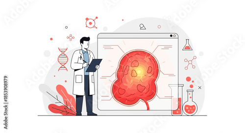 Illustrative doctor analyzing kidney disease, medical innovation and scientific research for