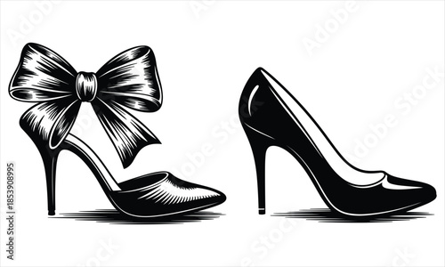 Black Silhouette of Two High Heel Shoes One with a Bow on White Background fashion footwear