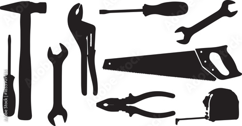 Black silhouette vector set of essential hand tools including wrench, hammer, nail, saw, screwdriver, and paintbrush, depicting repair, maintenance, construction, DIY, and workshop equipment.