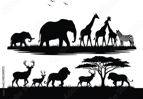 Safari scene with diverse african wildlife silhouettes